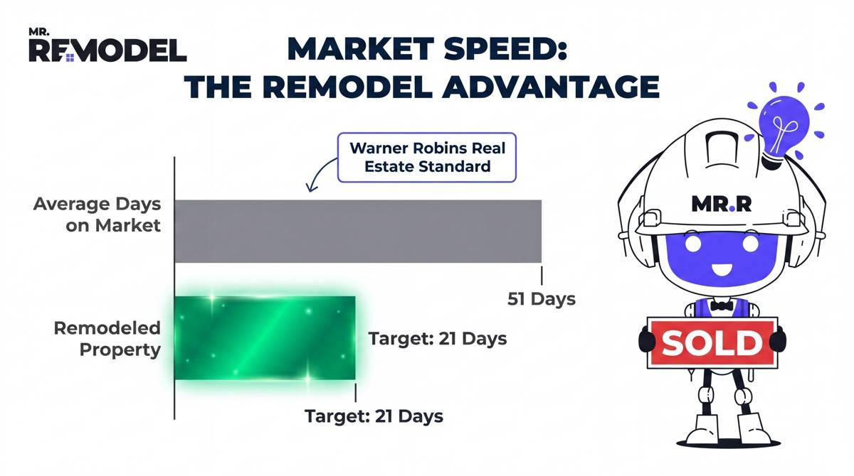 A market data infographic showing how a bathroom renovation can significantly reduce the average 51-day listing time for Warner Robins homes.